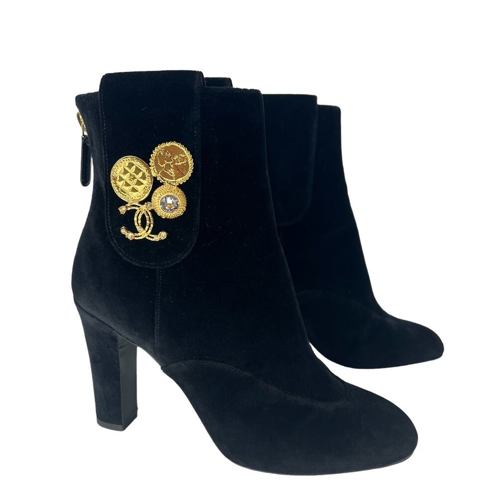 CHANEL Black Velvet Ankle Boots with Gold CC Medallion - Picture 4 of 16
